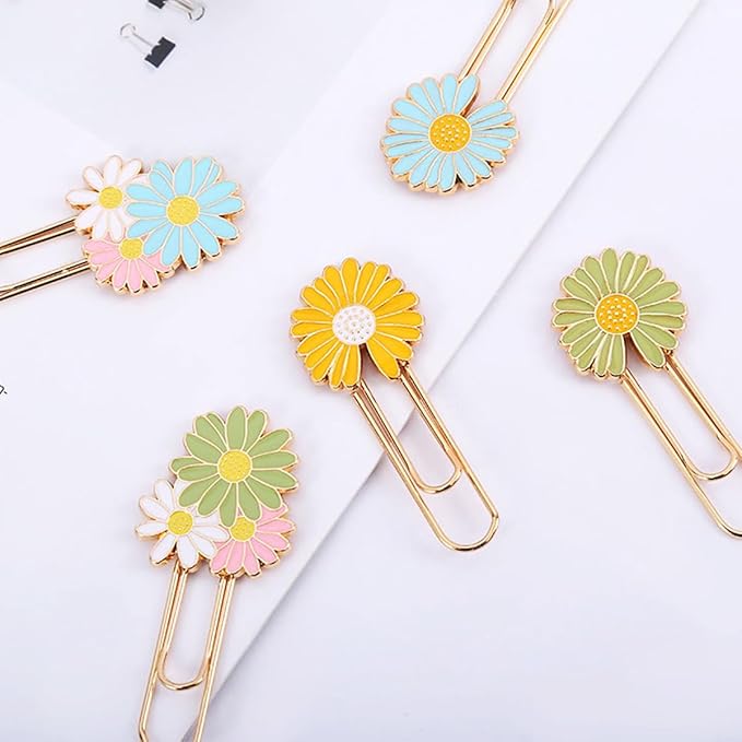 7 PCS Daisy Paper Clips Metal Paperclip Large Size Paper Clip Cute Bookmark Colorful Office Supplies Present for Teacher & Students, Bookmark Clamp Desk Accessories Stationery for School