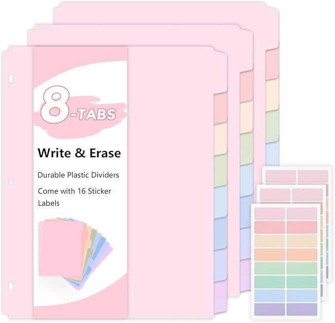 SKYDUE Durable Plastic 8-Tab Dividers, 3sets, Big Tab Dividers for 3 Ring Binder, Write&Erase 3 Ring Binder Dividers with Tabs,with Sticker Labels, Pink