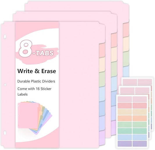 SKYDUE Durable Plastic 8-Tab Dividers, 3sets, Big Tab Dividers for 3 Ring Binder, Write&Erase 3 Ring Binder Dividers with Tabs,with Sticker Labels, Pink