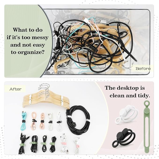 24Pcs Silicone Cable Ties, Reusable Cord Organizer for Charging Cords in Office, School, Home - Multipurpose Elastic Wraps