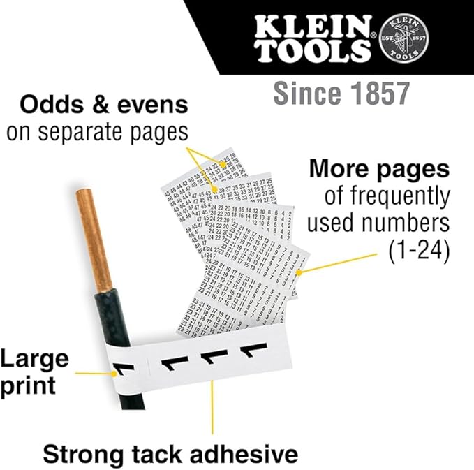 Klein Tools 56250 Wire Marker Book for Cable Management, Electric Panel Organization Wire Label Stickers, Numbered 1-48