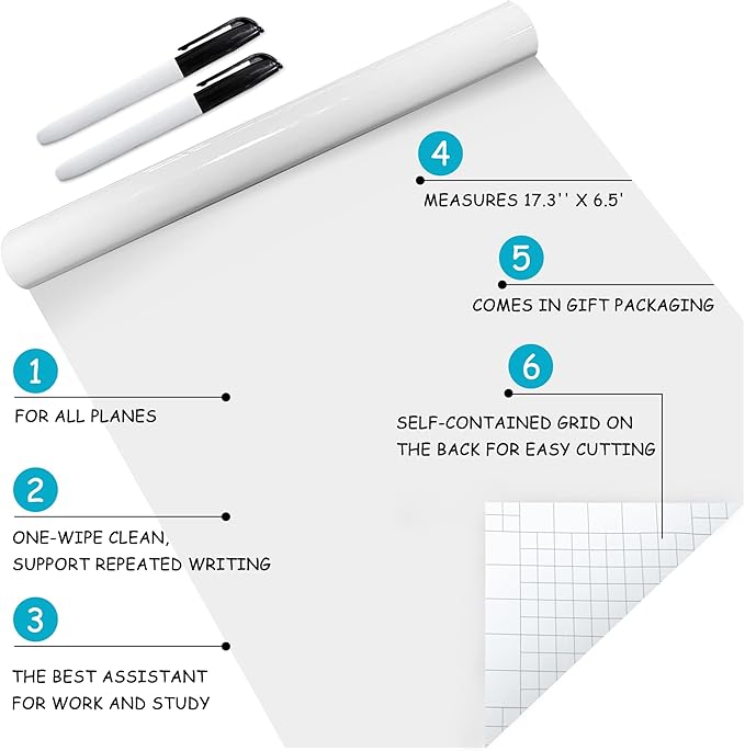 White Board Dry Erase-Whiteboard for Wall-Whiteboard Paper Peel Stick and Roll with 2 Dry Erase Markers-Adhesive Dry Erase Board for Office/Classroom/Fridge/Desk/Glass/Door(17.3''X78.7'' White)