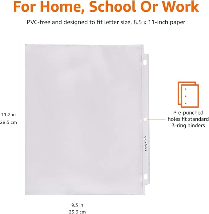 Amazon Basics Sheet Protectors for 3 Ring Binder, Heavyweight, Acid-Free, Top Loading, Polypropylene, 8.5 x 11 Inch, 500-Pack, Clear