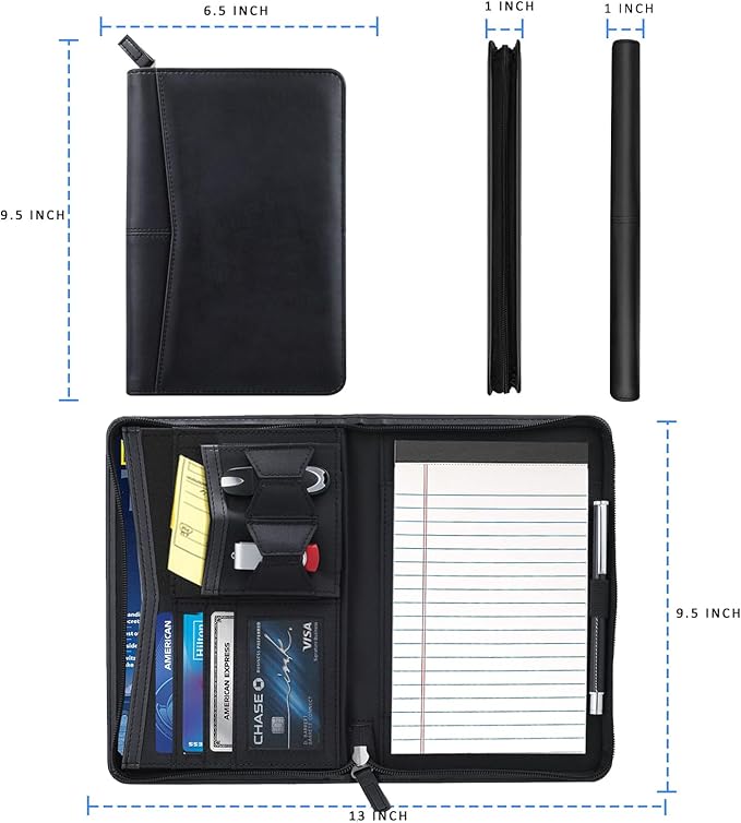 Small Portfolio Organizer, A5 Zippered Business Portfolio, Junior Padfolio Folder Binder for Women & Men, 5 x 8 Writing Pad Included, Black