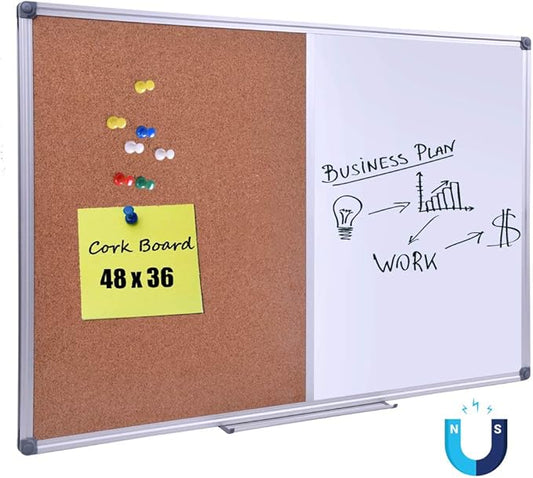 Magnetic Combination Whiteboard & Cork Bulletin Board 48 x 36 Inch - Dual Surface Vision Board for Home Office Organization, Kitchen Meal Planning & School Study - Silver Aluminum Frame
