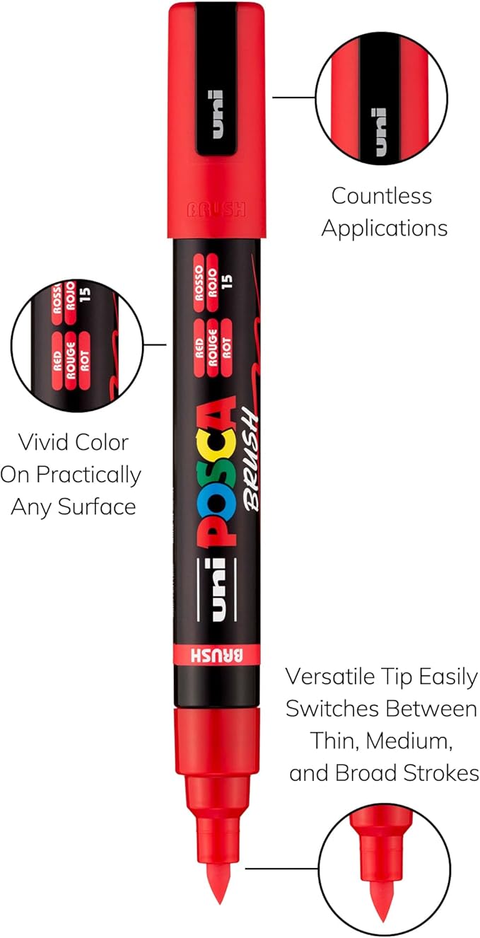 POSCA PC-5BR Water-Based Paint Markers, Reversible Brush Tip (1.0-4.0mm), Assorted Colors, 16 pack