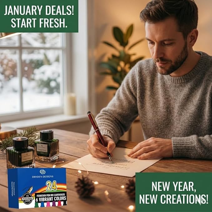 Dryden Designs Fountain Pen - Medium and Fine Nibs | Includes 24 Ink Cartridges and Ink Refill Converter | Calligraphy Pen, Consistent Writing, Smooth Flow - Emerald Green.