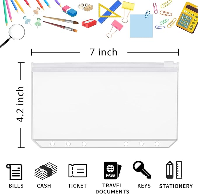 100 pcs Transparent A6 Binder Pockets 6 Holes Zipper Folders PVC Card Loose Leaf Bags Cash Envelopes for Budgeting Binder Waterproof Filing Bags for 6 Ring Notebook Planner Inserts