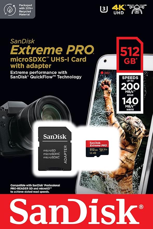 SanDisk Extreme PRO microSDXC UHS-I Memory Card 512 GB + Adapter & RescuePRO Deluxe (for Smartphones, Action Cameras or Drones, A2, Class 10, V30, U3, 200 MB/s Transfer)