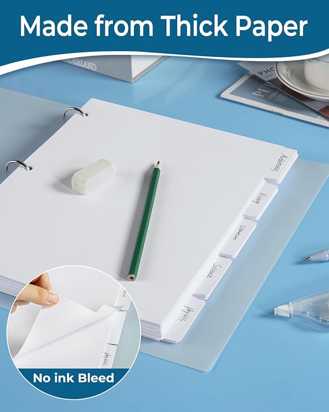 Dynta Binder Dividers for 3 Ring Binder 30 Sets, 1/5 Cut Tabs, Letter Size, White Binder Dividers Blank for School, Office and Home