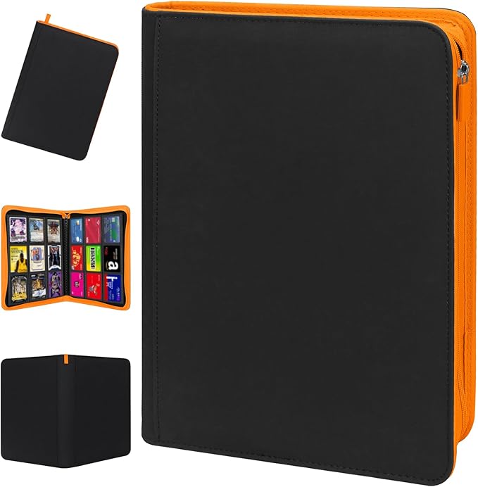 Premium Trading Card Storage Album,9 Pocket 40 Side Pages, 360 Cards,Black Zipper Binder for Collectible Games, Sports Card Organization&Protection (Black Fluorescent Orange Color)