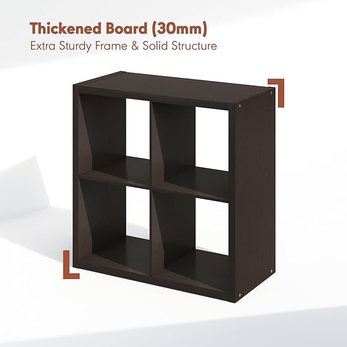Furinno Cubicle Record Player Stand with Vinyl Storage, 4-Cube 1.2 Extra Thick Vinyl Record Storage, Open Back Media Shelf for CD DVD Blueray Game Disc, for Living Room, Home Office, Black Dark Oak