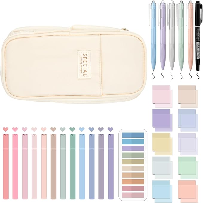 Jutom 39 Pcs Aesthetic Book Annotation Kit Highlighter with Pencil Case Bag Gel Pen Transparent Sticky Note Taking Bible Study College School Supplies(Cream,Cute Style)