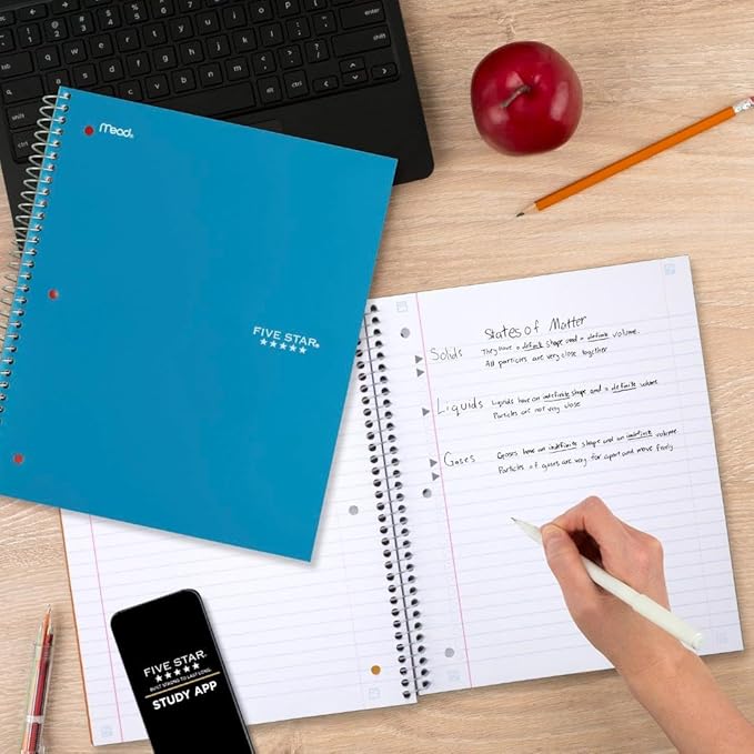Five Star Spiral Notebook + Study App,1 Subject,Wide Ruled Paper,8" x 10-1/2",100 Sheets,Fights Ink Bleed,Water Resistant Cover,Tidewater Blue (72875),(Pack of 6)
