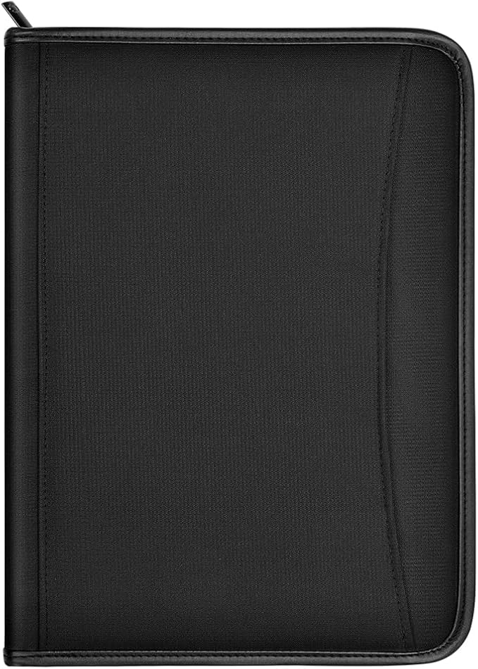 Zippered Portfolio Organizer/ A4 Refillable Lined Writing Notepad Folder Case/Fabric-Covered Padfolio Binder with Interior Storage Pocket for Men Women.Classic Black