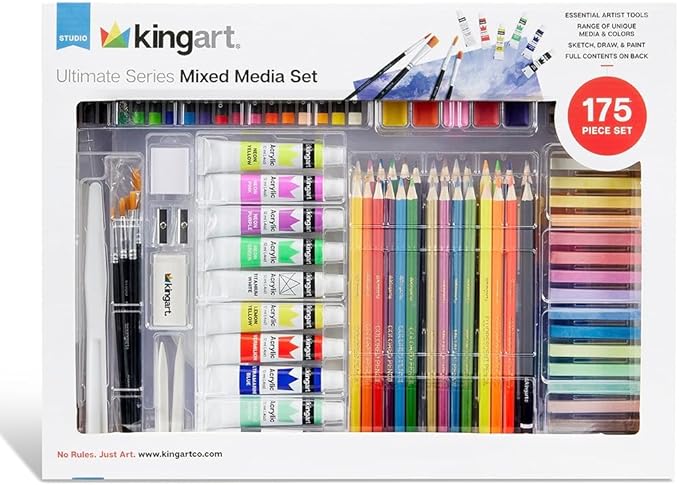 KINGART 175-Piece Ultimate Mixed Media Art Studio Set – Includes Acrylic & Watercolor Paints, Pastels, Colored Pencils, Brushes, and Paper Pads – Professional Kit for Drawing, Sketching, Painting