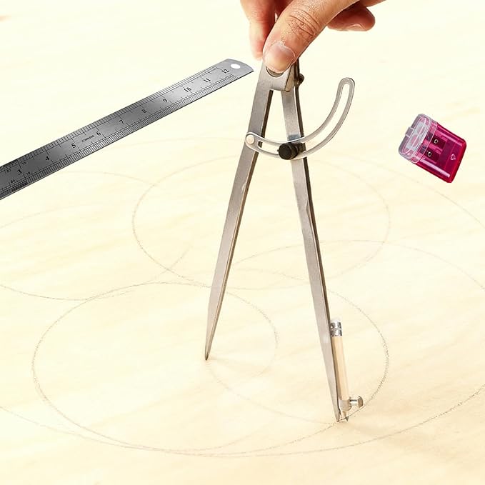 Compass Geometry Tool Set – 12 Inch Drafting Compass with Wing, 6 Inch Protractor, 12 Inch Metal Ruler & Pencils – Precision Drawing Compass for Geometry, Woodworking, Carpenters, Students-L2