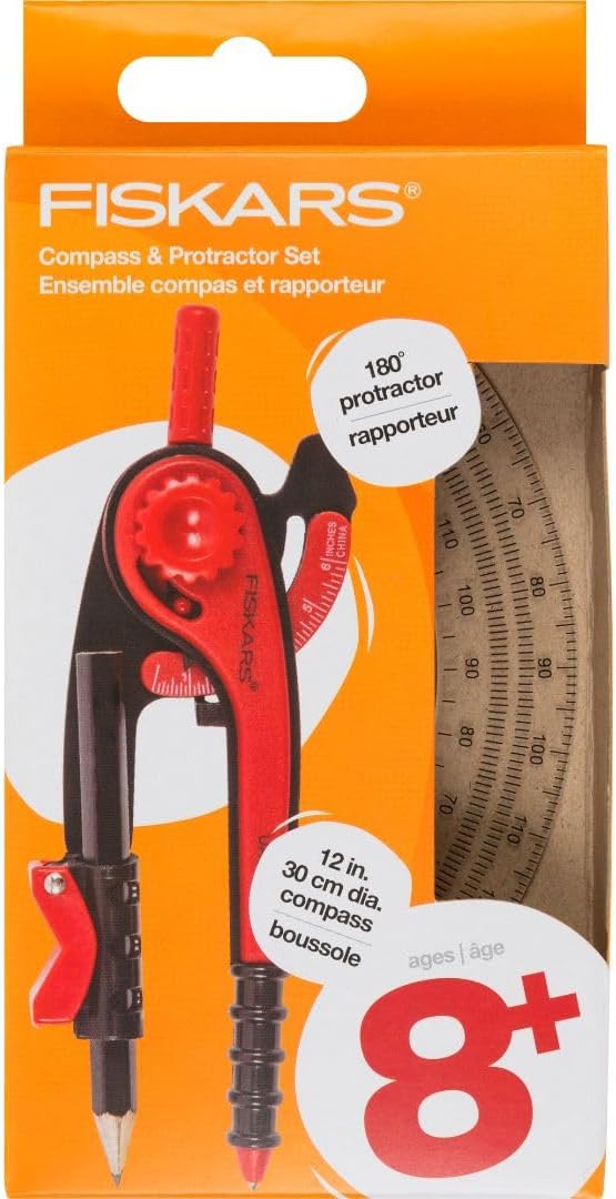 Fiskars Plastic Compass and Protractor Set, Math Geometry Kit for Kids 8+, School Supplies, Includes Pencil, Color Varies