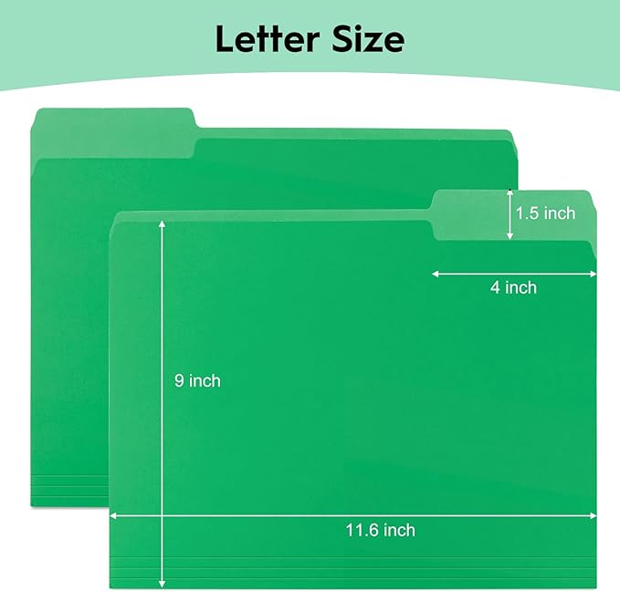 100-Pack Color File Folders, 1/3 Cut Tab, Letter Size Manilla Folder for School/Office/Classroom, Green