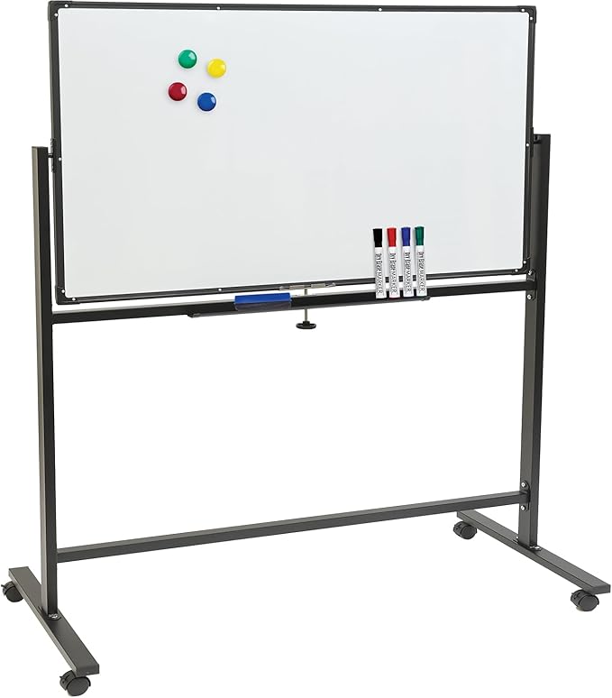 Excello Global Products Large 48"x32" White Board on Wheels: 1 Reversible Magnetic Dry Erase Board with Rolling Stand, 4 Dry Erase Markers, 1 Eraser, 4 Magnets, 1 Marker Tray (Black)