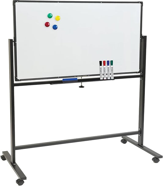 Excello Global Products Large 48"x32" White Board on Wheels: 1 Reversible Magnetic Dry Erase Board with Rolling Stand, 4 Dry Erase Markers, 1 Eraser, 4 Magnets, 1 Marker Tray (Black)