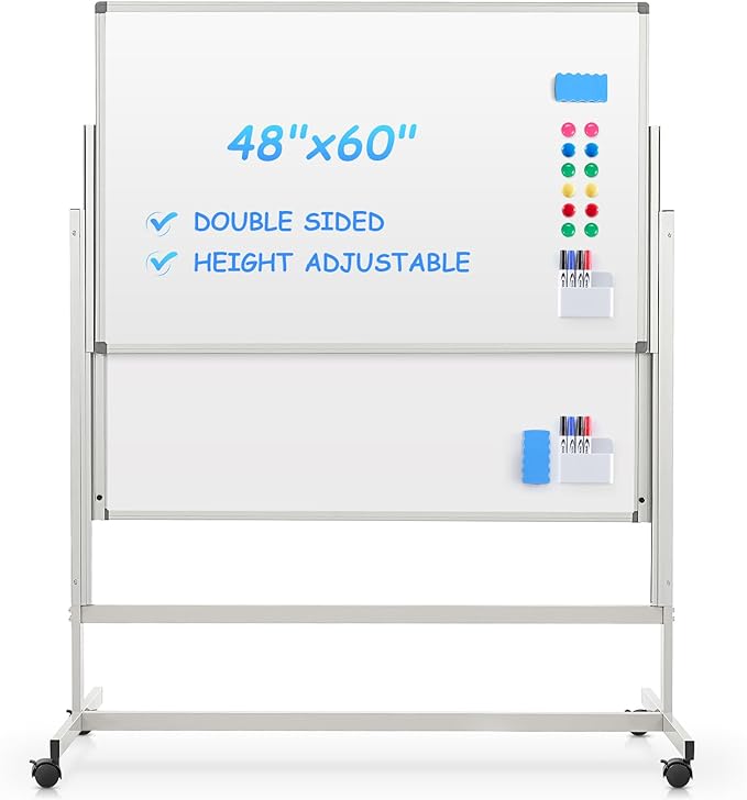 MAKELLO Rolling Whiteboard 60"x48", Large Magnetic Mobile White Board on Wheels, Double-Sided Dry Erase Board for Home Office School, Height Adjustable, 5'x4'
