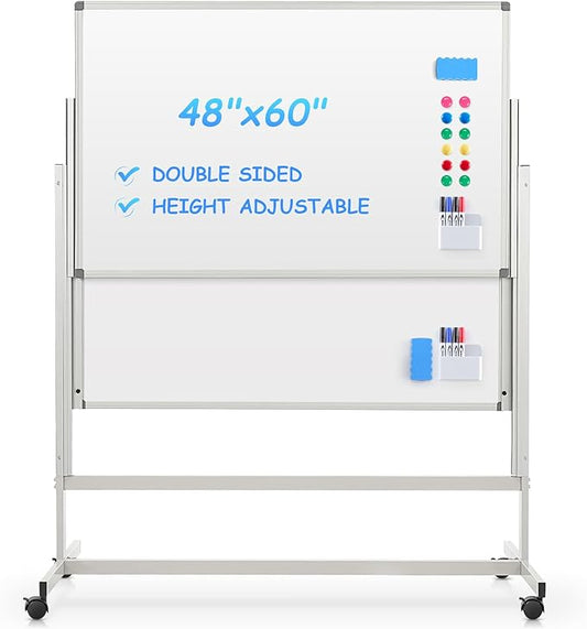 MAKELLO Rolling Whiteboard 60"x48", Large Magnetic Mobile White Board on Wheels, Double-Sided Dry Erase Board for Home Office School, Height Adjustable, 5'x4'