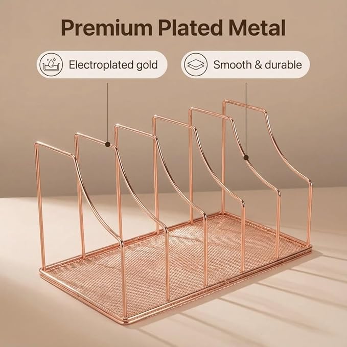 Simmer Stone Rose Gold Binder Organizer for Desk, 5 Slot Metal Wire Vertical File Sorter with Mesh Bottom, Desktop Magazine Holder Rack for 2 Inch Binders, Medical Coding Books, Vinyl Records, 12.1"