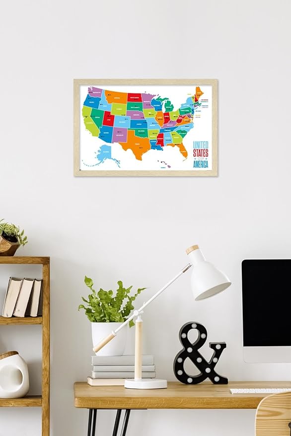 Trends International Map - United States Of America 2022 Wall Poster, 22.4L x 14.7W, Blonde Framed Version