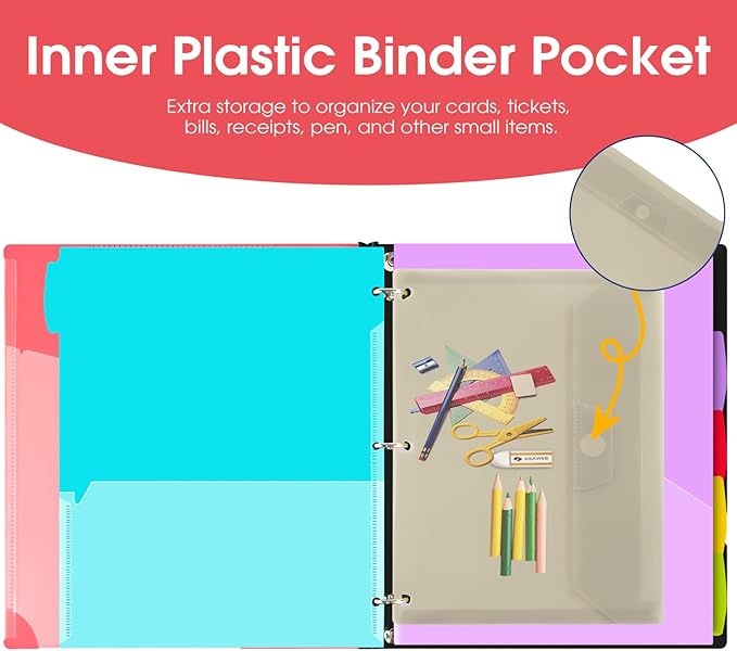 INFUN 1 Inch Telescoping Project Organizer Binder-2PCS,13 Pocket, Customizable Front Cover, 5 Colors Pocket Divider and Plastic Binder Pocket，225 Sheet Capacity-Red
