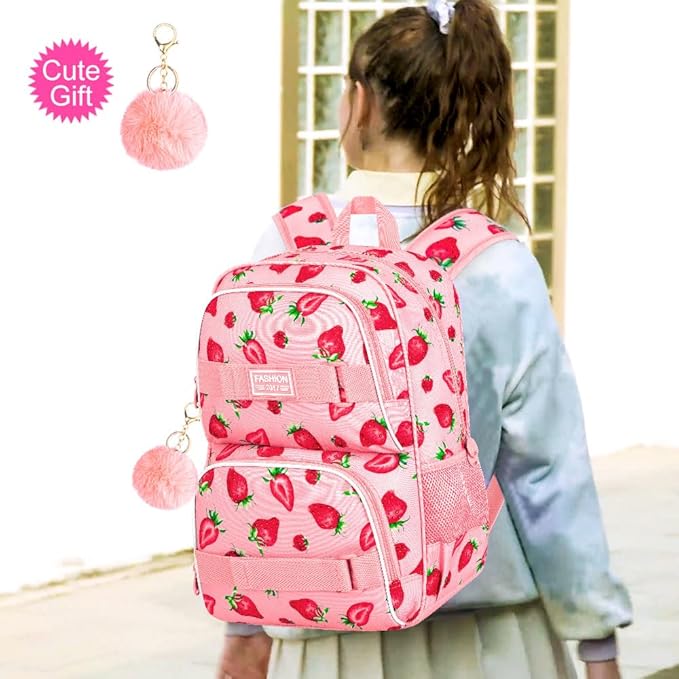 3PCS Backpack for Girls, 17" Water Resistant School Bag with Lunch Box, Cute Strawberry Bookbag Set for Women College Teenagers High Middle Elementary