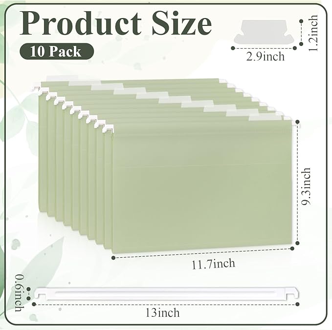 Letter Size Green Hanging File Folders Hanging Document Folder Plastic Transparent Hanging File Folder for File Cabinets Document Filing (10, Sage Green)
