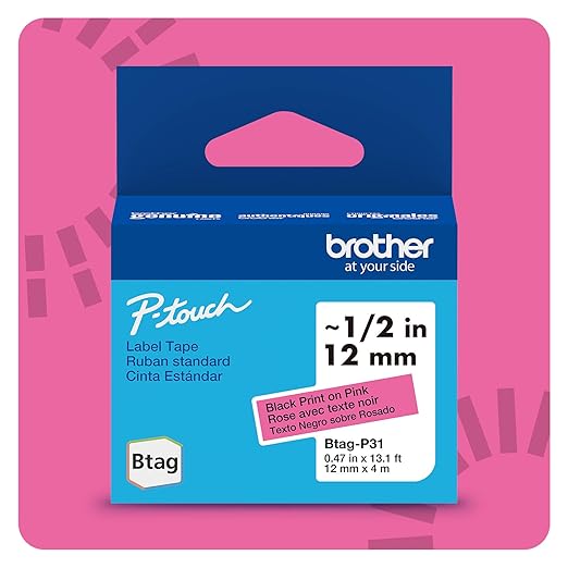Brother Genuine P-Touch Btag BTAGP31 Black on Pink Label Tape ~1/2in by 13.1ft (12mm x 4m). (Works Only with Brother PT-N10, PT-N20, PT-N25BT Label Makers)