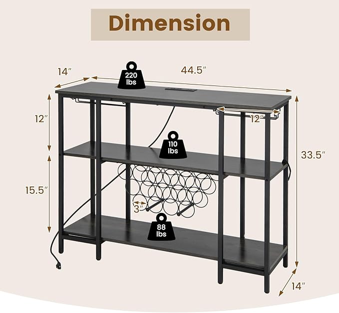 COSTWAY Wine Bar Cabinet, 3-Tier Home Mini Bar for Liquor w/Power Outlets, Glass Holder, Wine Rack, Anti-Tipping Kit, Metal Coffee Bar Table for Home Apartment Kitchen Living Room Pub (Black & Grey)