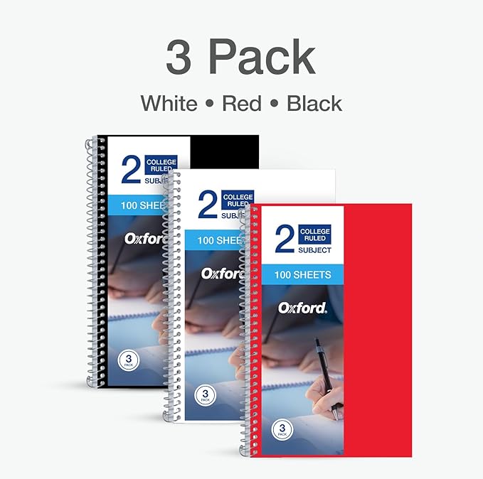 Oxford Two Subject Notebooks College Ruled, Spiral Notebook 6x9 1/2" 100 Sheets, 3 Pack of College Ruled Notebook With Pockets, Poly Cover, Red, White, and Black