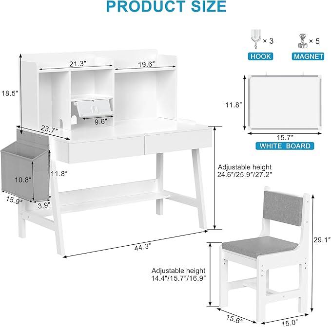 GDLF Kids Study Desk and Chair Set, Adjustable Children Study Table with Chair, Kids Wooden Desk with Hutch, Drawers, Book Stand, Whiteboard and Fabric Storage Bag for 5-12 Years Old