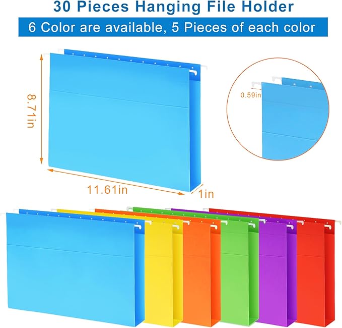 30 Pack Hanging File Folders Letter Size, Colored Hanging Folders with 1/5-Cut Adjustable Tab, Extra Capacity Hanging File Folders, 1 Inch Expansion, Perfect Office, Home, Classroom Supplies
