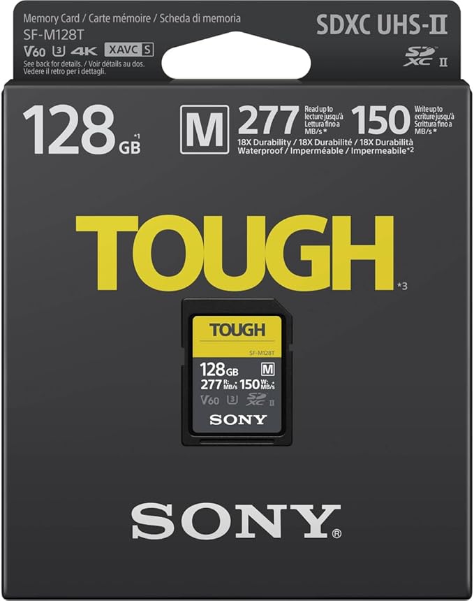 Sony TOUGH-M series SDXC UHS-II Card 128GB, V60, CL10, U3, Max R277MB/S, W150MB/S (SF-M128T/T1)