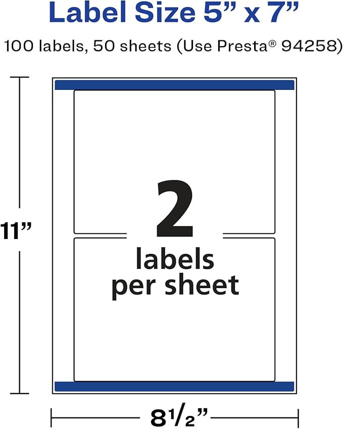 Avery Glossy White Rectangle Labels, Sure Feed Technology, 5" x 7", 100 Glossy White Labels, Permanent Adhesive, Laser/Inkjet Printable