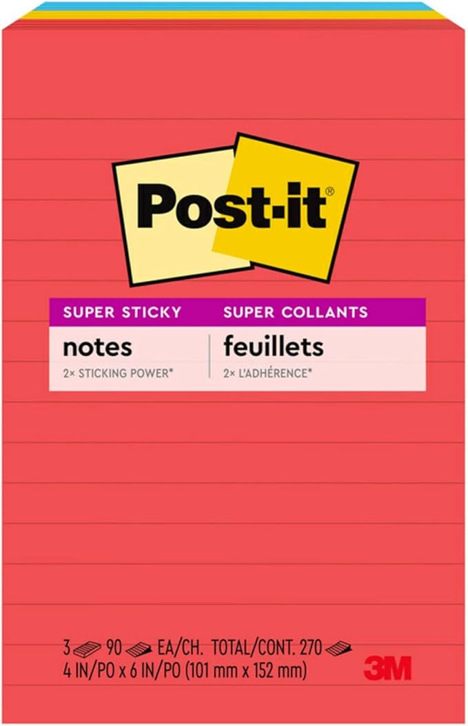 Post-it Super Sticky Notes, Assorted Sizes, 13 Pads, 2X The Sticking Power, Playful Primaries, Primary Colors (Red, Yellow, Green, Blue, Purple), Recyclable (4623-13SSAU) (Pack of 2)