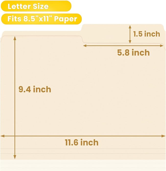 SUNEE File Folders, 30 Pack Manilla Folders 8.5 x 11, 1/2 Cut Tab for Easy Labeling and Organization, Durable Standard Paper for Home, Office, School Filing