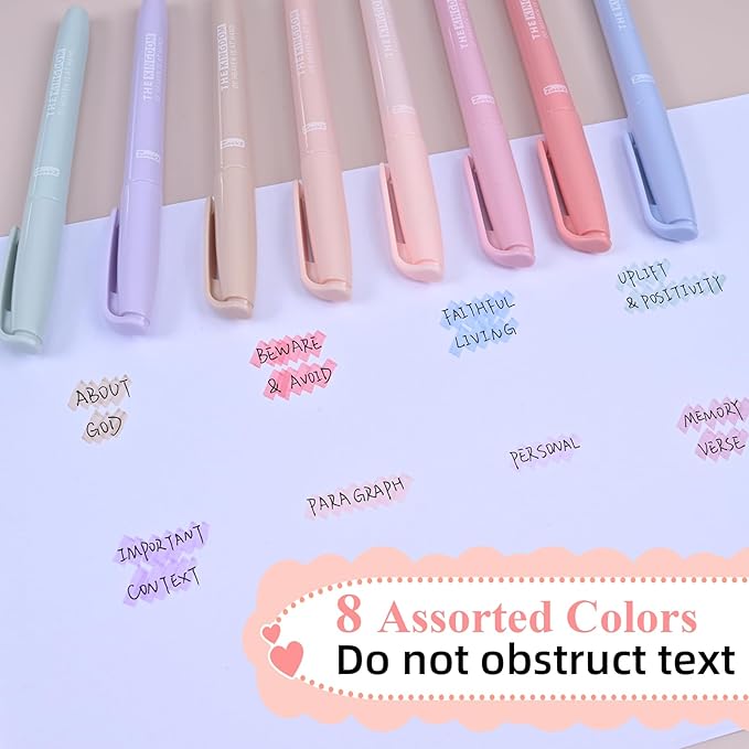 7-ackz Pastel Bible Highlighter Markers 8 Pack, Thin Bible with slight bleeding, Assorted Colors Dry Quickly for Study Journaling, Textbook Motivational Gift for Christians, Friends