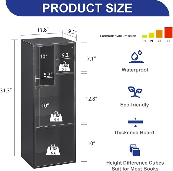 VECELO Small Bookshelf, 4 Cube Slim Bookcase, Fits Tallest Hardcovers, Horizontal Available, Modern Floor Standing Unit, Each Shelf Hold Up to 66 LBS,Black