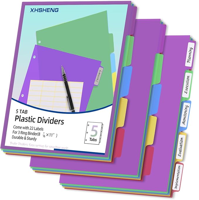 3 Set Dividers for 3 Ring Binders,5 TAB Binder Dividers,Plastic, Multicolor Binder separators with tabs