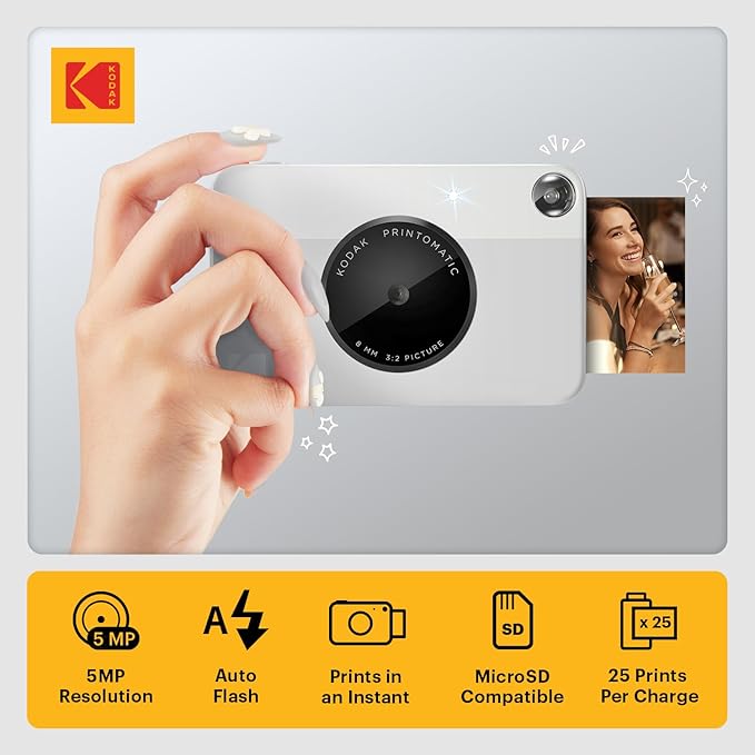 Kodak Printomatic Full-Color Instant Print Digital Camera - 75 Sheets Bundle - Prints On Zink 2x3 Sticky-Back Photo Paper - 5MP, Portable, Creative Fun Gift for Birthday, Christmas, Holiday - Grey