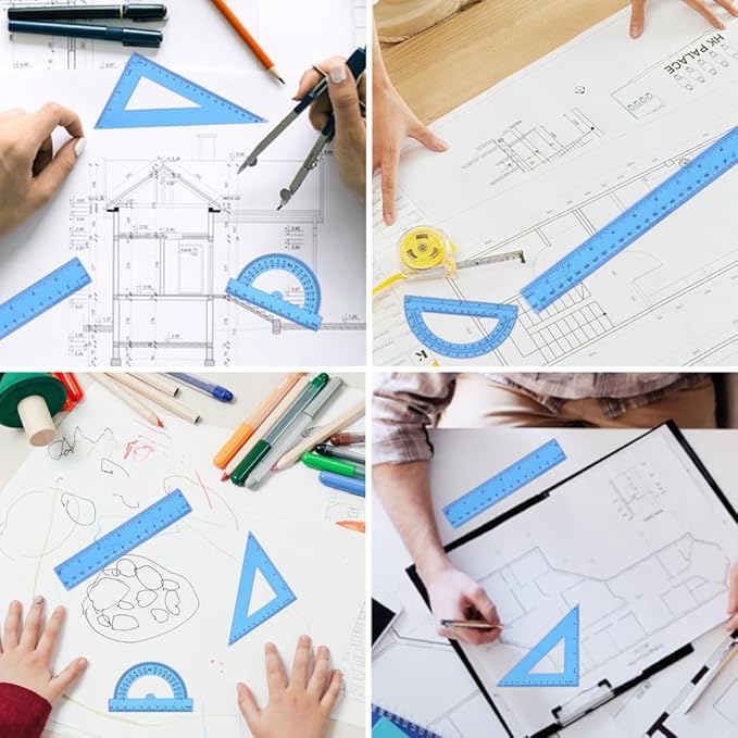 Plastic Clear Ruler Math Set, 6" | 12" Straight Ruler Protractor, 2 Protractors 180 Degree 2 Triangle Rulers 45 | 60 Degree 2 Straight Rulers Measuring Tool for School Office Home Supplie,Blue