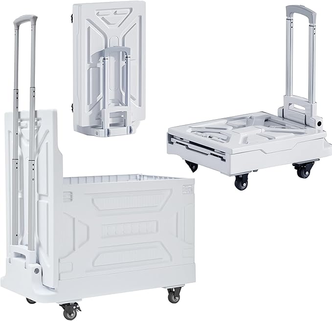VECELO Foldable Shopping Cart with Wheels, Collapsible Rolling Crate for Groceries, Folding Storage Box with Handle, Three Modes of Use, Ideal for Teacher, Trip, Outdoors, Etc., 23GAL, White