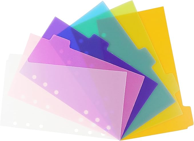 2 Pack A6 Binder Dividers 6 Tabs Bright Color Plastic Binder Index Tabs Planner Divider for Round Ring Binder Sheet Protector (Transparent, 12 Dividers)