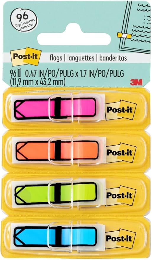 Post-it Arrow Flags, Assorted Bright Colors, .47 in Wide, 96 Flags/Pack (684-ARR4), 3 Pack, 288 Total Flags