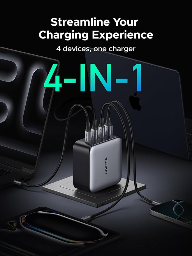 UGREEN Nexode 200W GaN USB C Wall Charger, 4-Port Foldable Compact Fast Type-C Power Adapter Compatible with MacBook Pro/Air, Dell XPS, HP 14, iPad, iPhone 17/16/15 Series, Galaxy S25/S24, Pixel 10/9